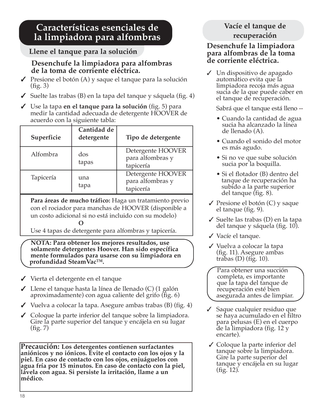 Hoover Y Series manual Características esenciales de, La limpiadora para alfombras, Llene el tanque para la solución 