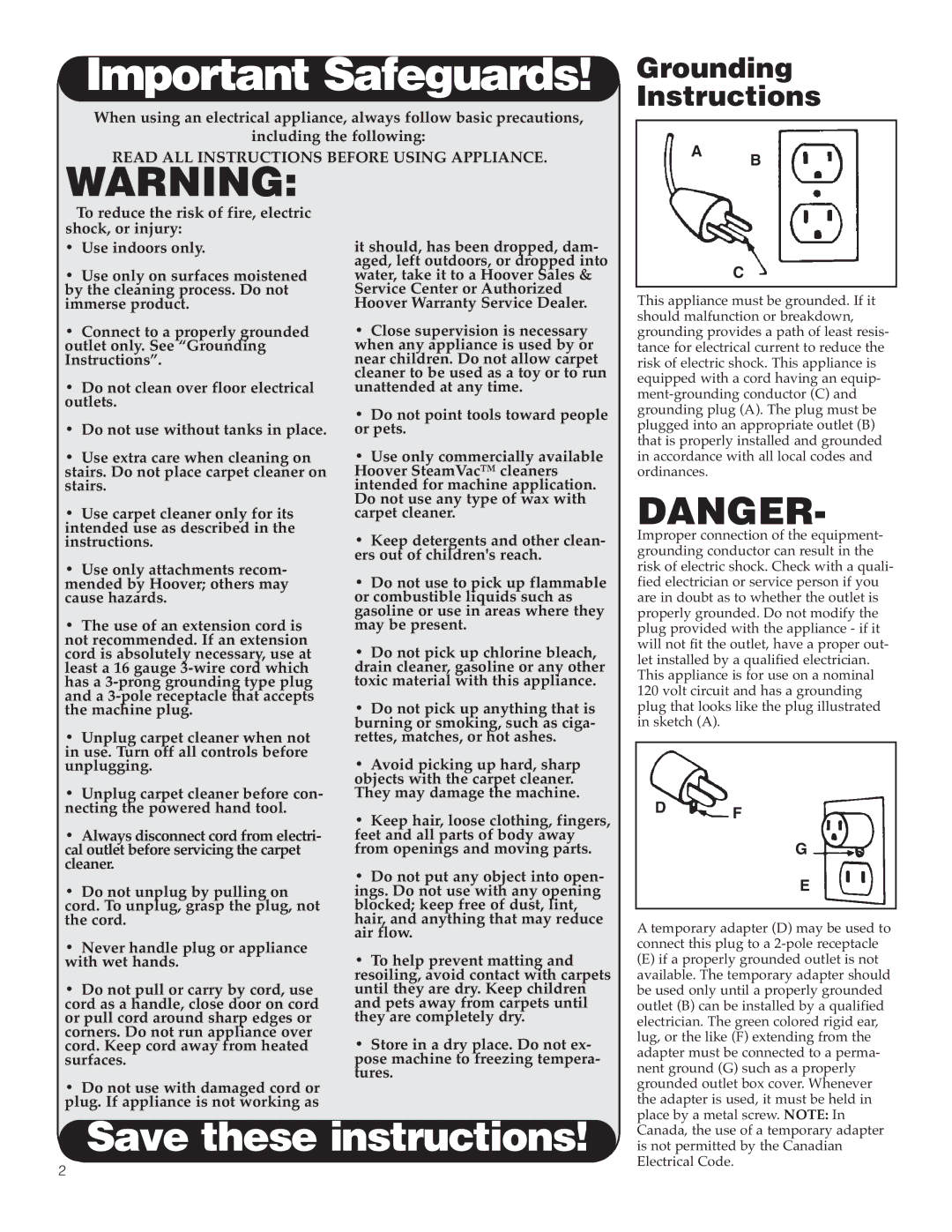 Hoover Y Series manual Important Safeguards 