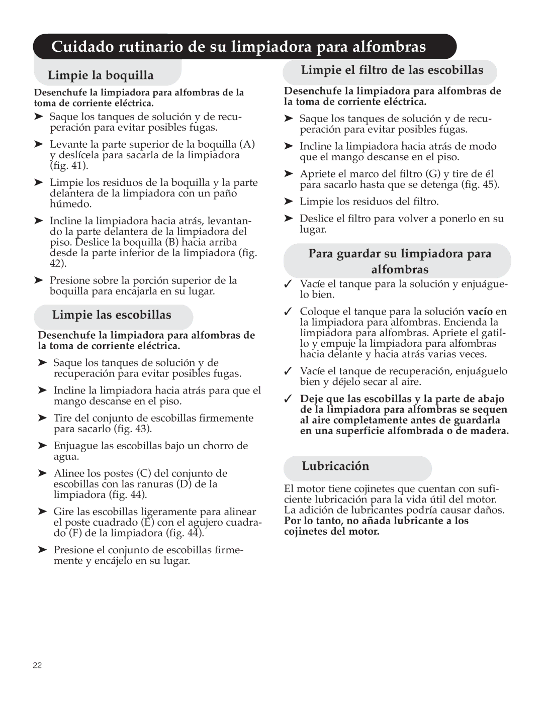 Hoover Y Series Cuidado rutinario de su limpiadora para alfombras, Para guardar su limpiadora para Alfombras, Lubricación 