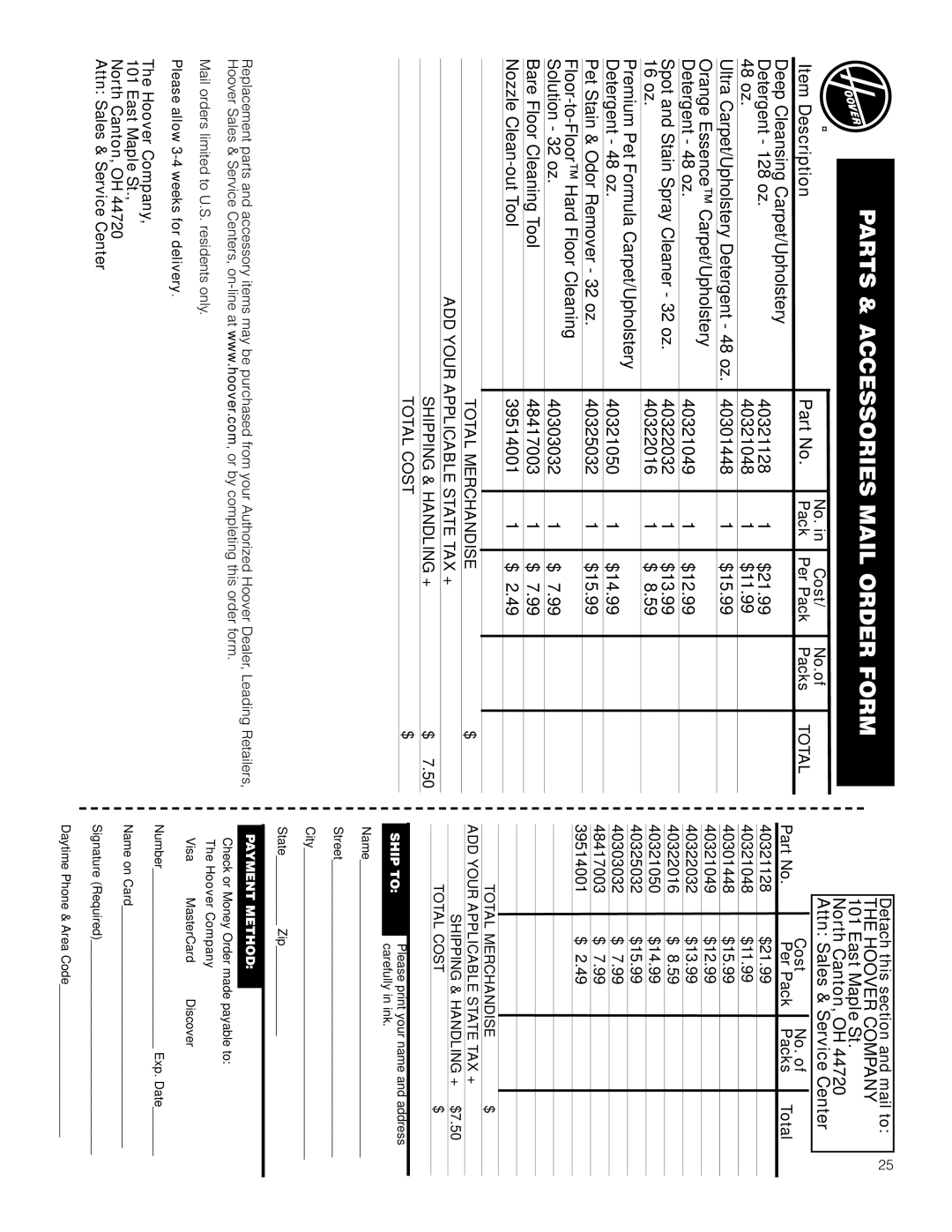 Hoover Y Series manual Parts & Accessories Mail Order Form 