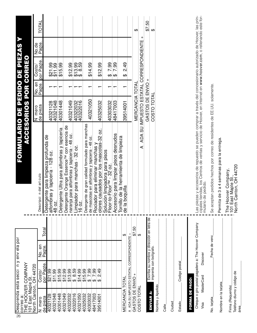 Hoover Y Series manual Formulario DE Pedido DE Piezas Y 