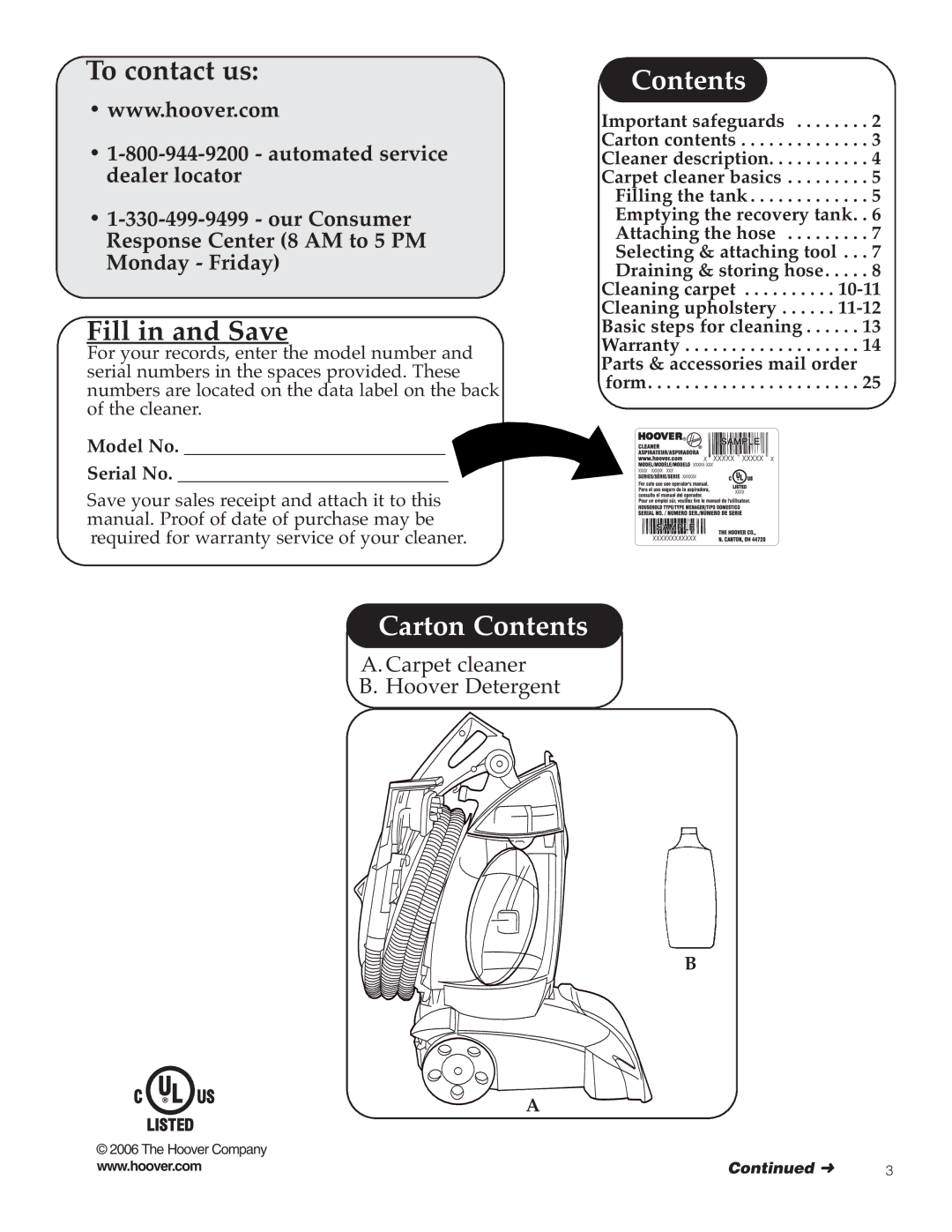 Hoover Y Series manual Carton Contents 