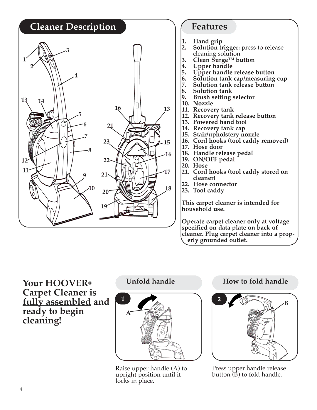 Hoover Y Series manual Cleaner Description, Unfold handle How to fold handle 