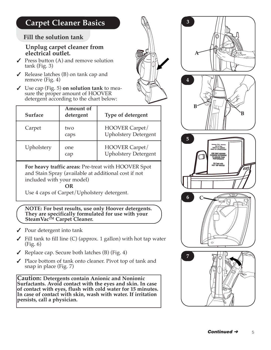 Hoover Y Series manual Carpet Cleaner Basics, Surface Amount Type of detergent Detergent 