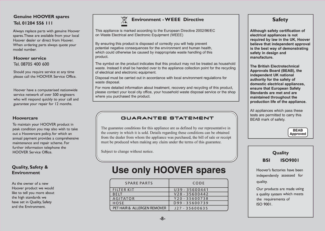 Hoover D99-35600739, Y20-35600738, J27-35600635 manual 0 3 5 6 0 0 7 3 9 3 5 6 0 0 7 3 