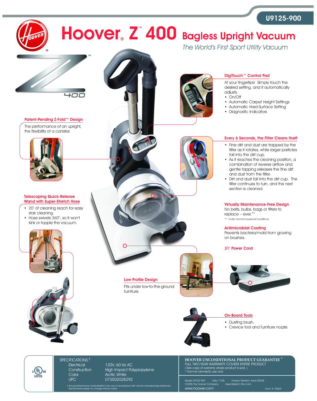 Hoover warranty Hoover Z 400 Bagless Upright Vacuum, Every 6 Seconds, the Filter Cleans Itself, Antimicrobial Coating 