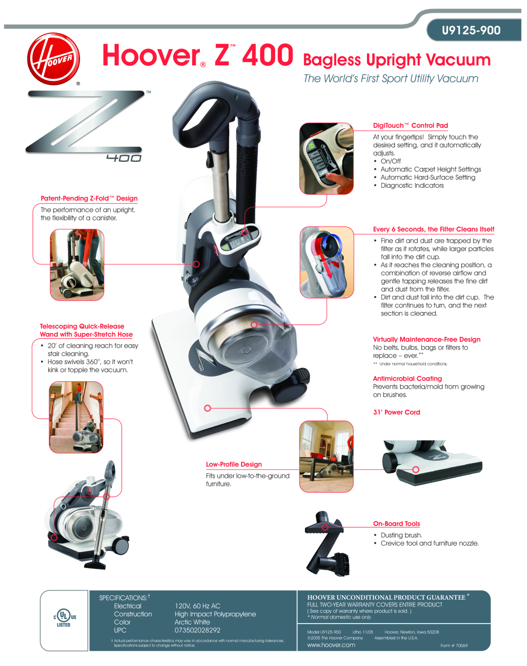 Hoover Hoover Z 400 Bagless Upright Vacuum, Every 6 Seconds, the Filter Cleans Itself, Antimicrobial Coating, U9125-900 