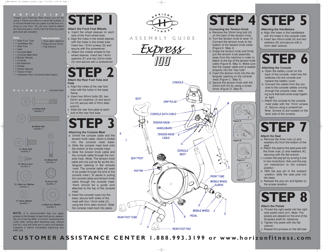 Horizon Fitness 100 manual Attach the Front Foot Wheels, Attach the Rear Foot Tube and Pads, Attaching the Console Mast 