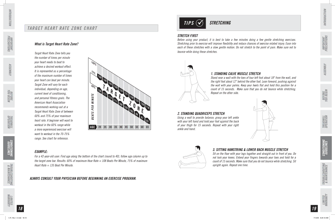 Horizon Fitness 1.3T quick start Target Heart Rate Zone Chart, P S Stretching, Stretch First, Standing Calve Muscle Stretch 