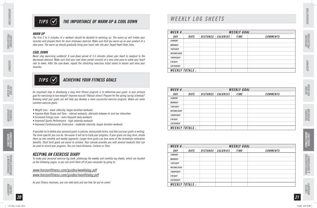 Horizon Fitness 1.3T Weekly LOG Sheets, P S the Importance of Warm UP & Cool Down, P S Achieving Your Fitness Goals 