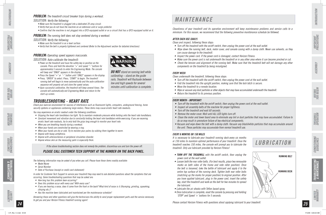 Horizon Fitness 1.3T quick start I N T E N a N C E, Troubleshooting Heart Rate 