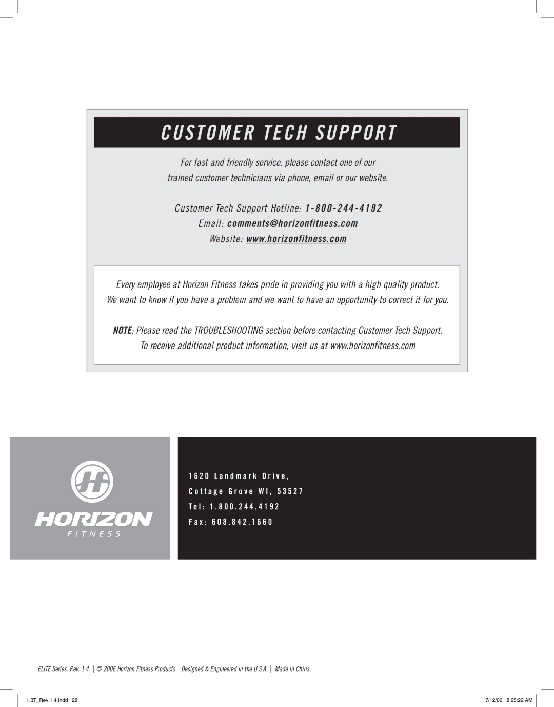 Horizon Fitness 1.3T quick start Customer Tech Support 