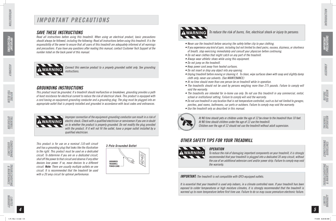 Horizon Fitness 1.3T quick start Important Precautions, Grounding Instructions, Operation 