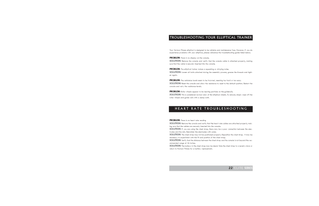 Horizon Fitness 4.0E, 2.0E, 3.0E manual Troubleshooting Your Elliptical Trainer, A R T R a T E Troubleshooting 