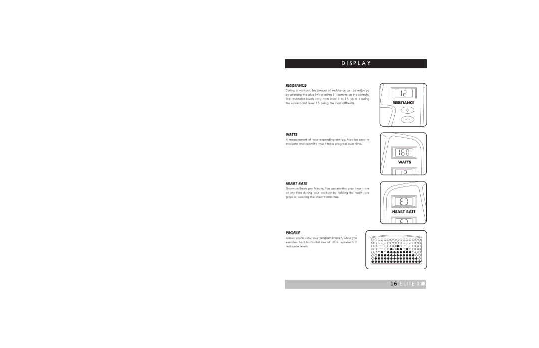 Horizon Fitness 2.0R, 3.0R, ELITE 3.0R manual Resistance, Watts, Heart Rate, Profile 