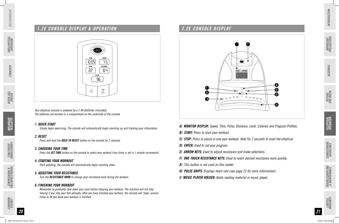 Horizon Fitness 1.2E, 2.2E manual Console Display & Operation 2E Console Display 