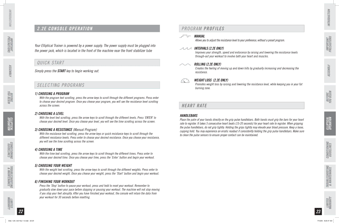 Horizon Fitness 2.2E, 1.2E manual 2E Console Operation, Quick Start, Selecting Programs, Program Profiles, Heart Rate 