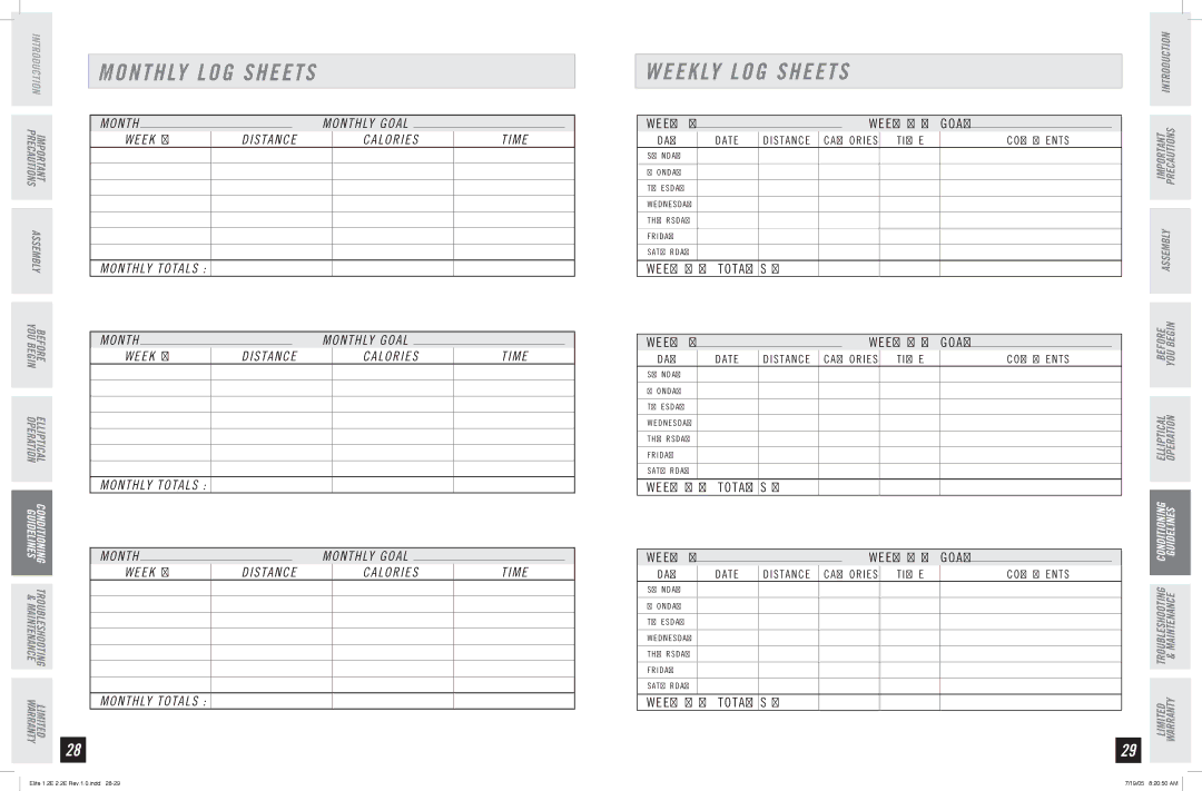 Horizon Fitness 1.2E, 2.2E manual Monthly LOG Sheets Weekly LOG Sheets 