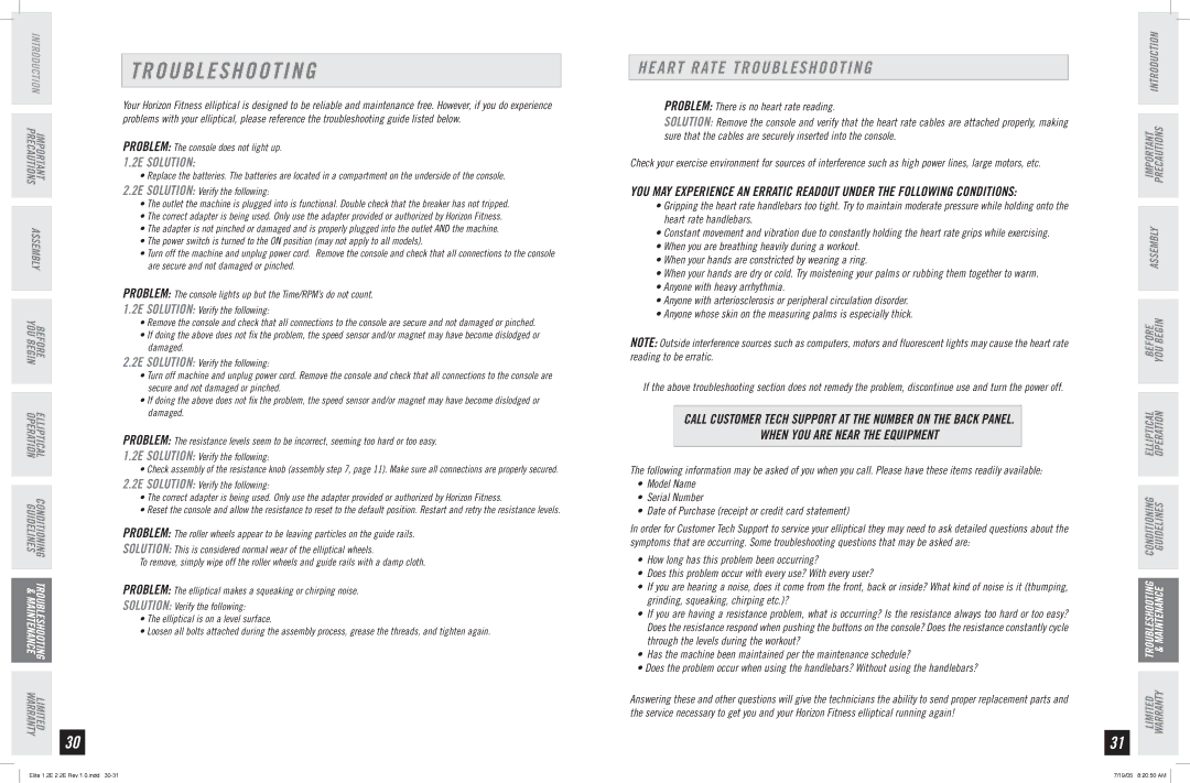 Horizon Fitness 2.2E, 1.2E manual Heart Rate Troubleshooting, Problem, When YOU are Near the Equipment 