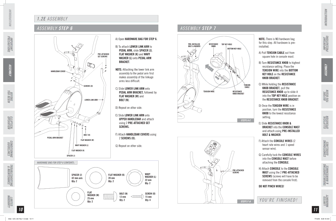 Horizon Fitness 2.2E, 1.2E manual YOU’RE Finished, Bolt N, Knob Bracket, Bolt & Washer, Do not Pinch Wires 