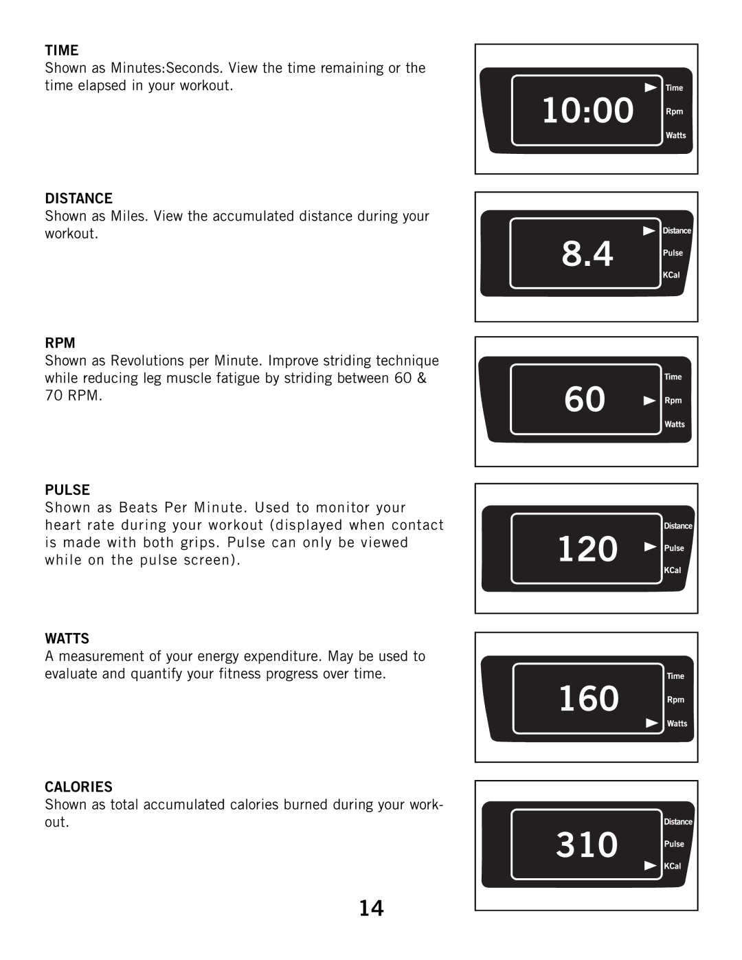 Horizon Fitness 3.1B, 2.1B manual Time, Distance, Rpm, Pulse, Watts, Calories 