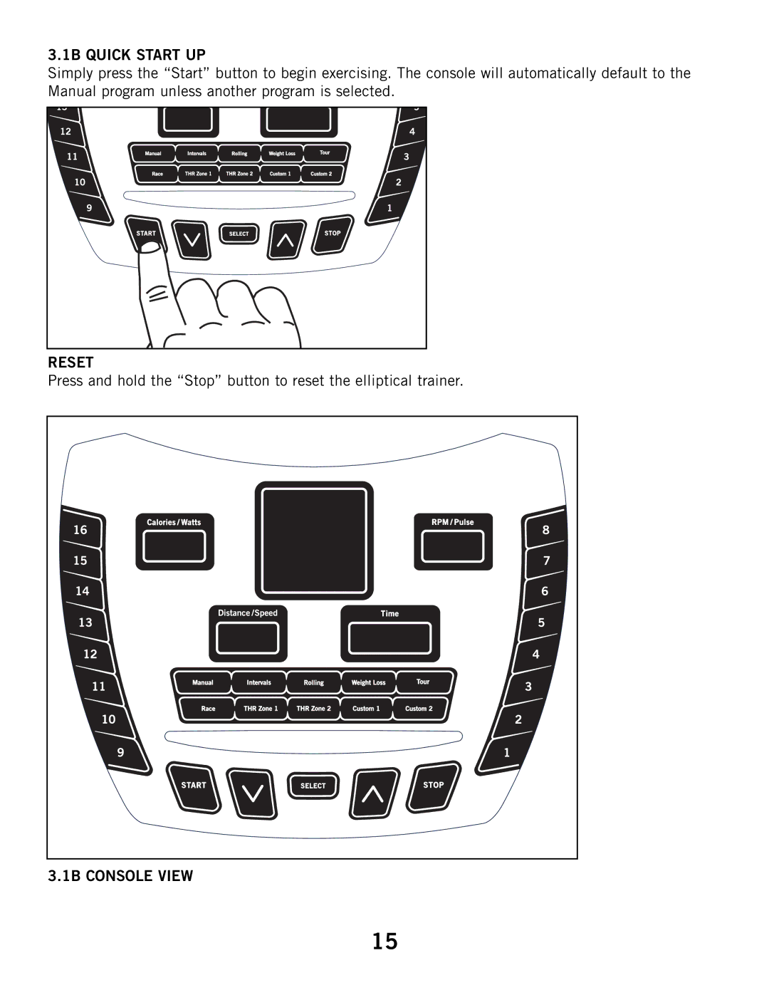 Horizon Fitness 2.1B, 3.1B manual 1B Quick Start UP, 1B Console View 