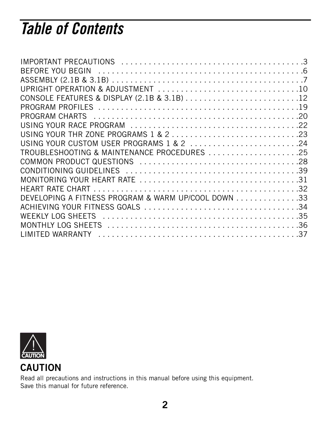 Horizon Fitness 3.1B, 2.1B manual Table of Contents 