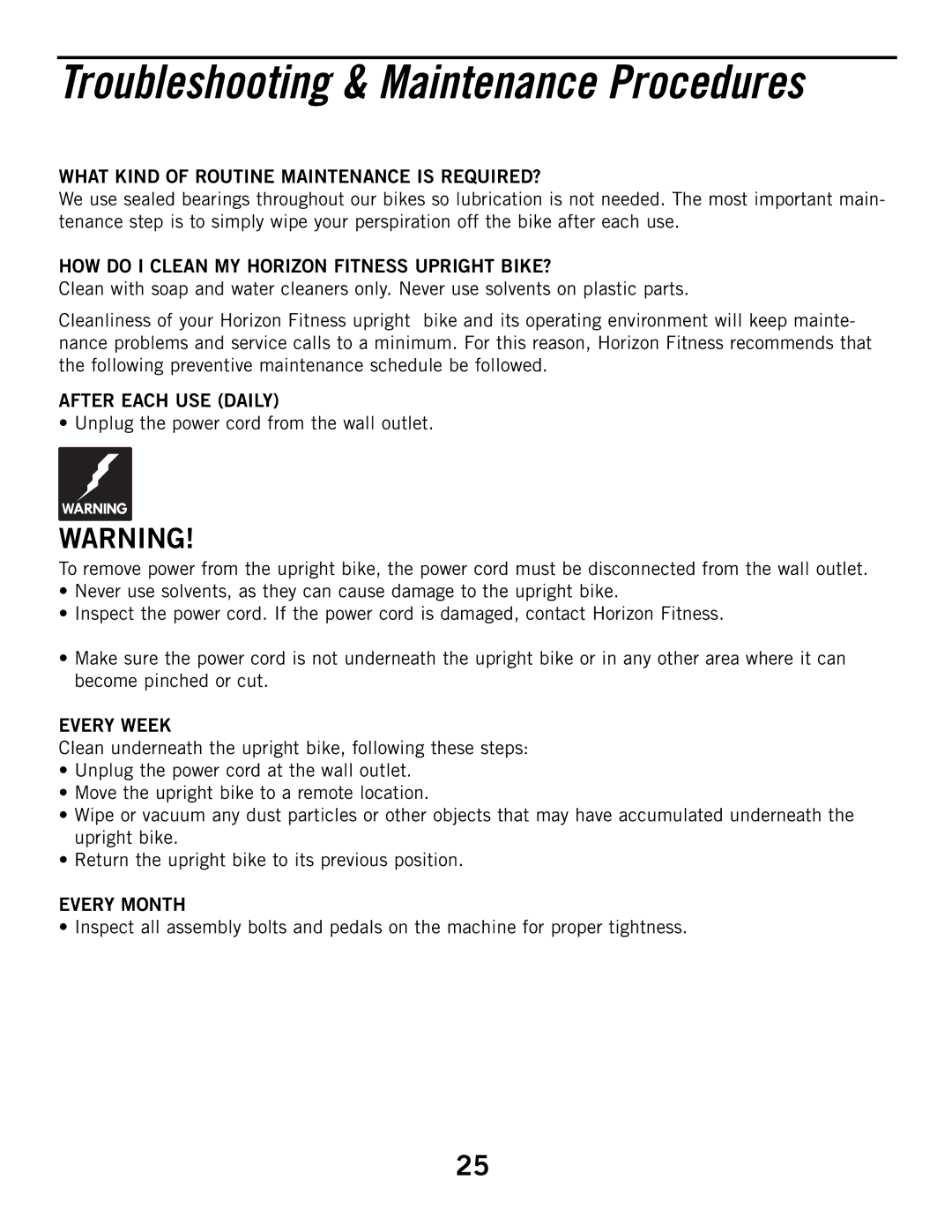 Horizon Fitness 2.1B, 3.1B What Kind of Routine Maintenance is REQUIRED?, HOW do I Clean MY Horizon Fitness Upright BIKE? 