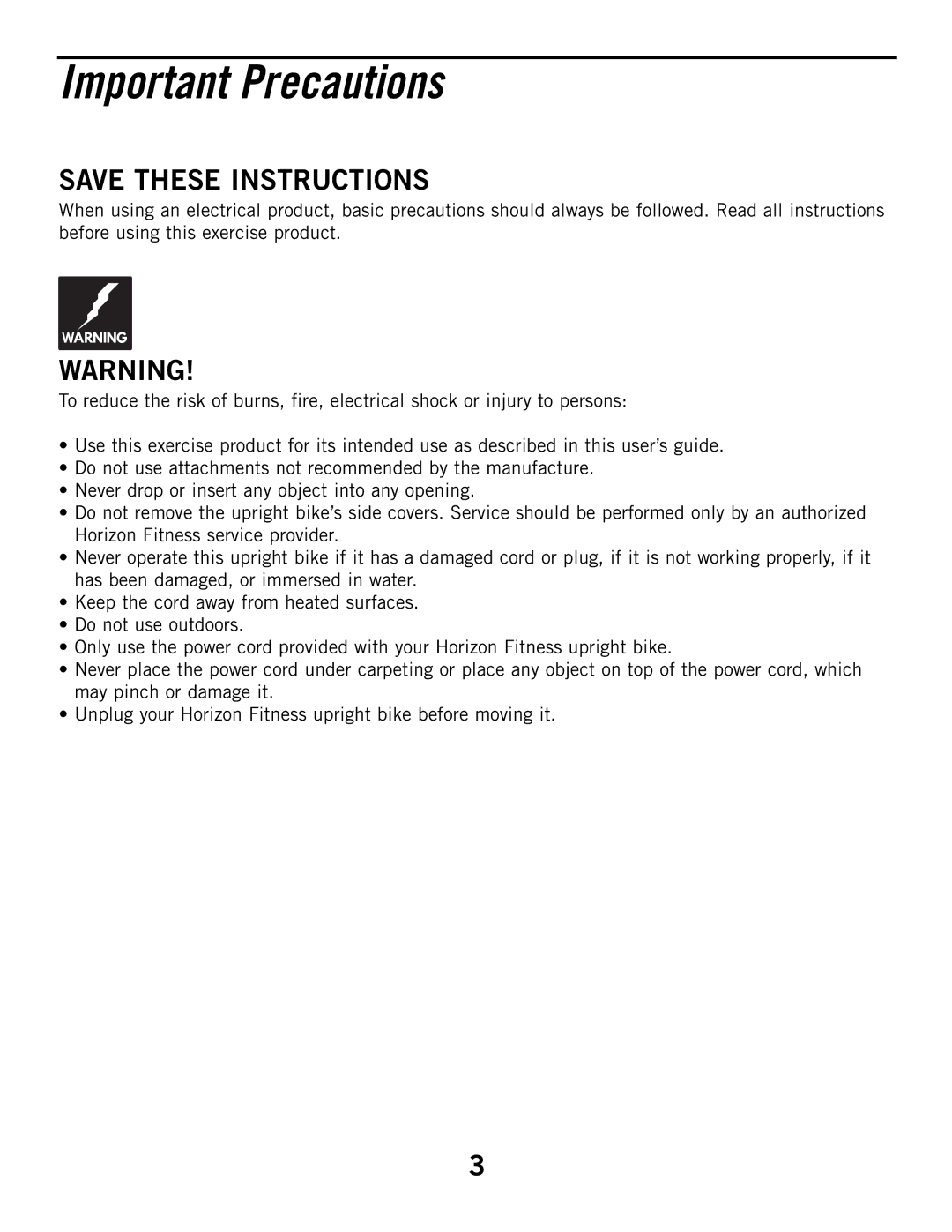 Horizon Fitness 2.1B, 3.1B manual Important Precautions 