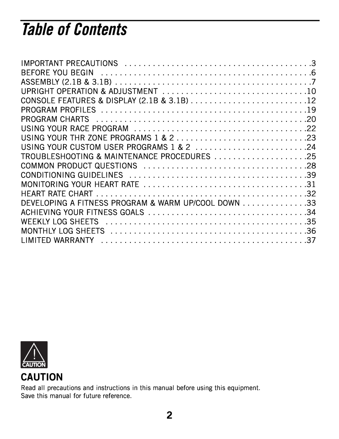 Horizon Fitness 3.1B, 2.1B manual Table of Contents 