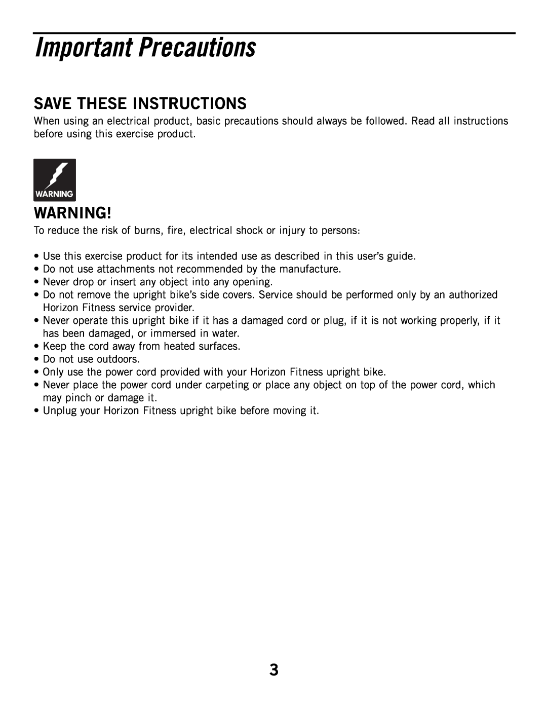 Horizon Fitness 2.1B, 3.1B manual Important Precautions, Save These Instructions 