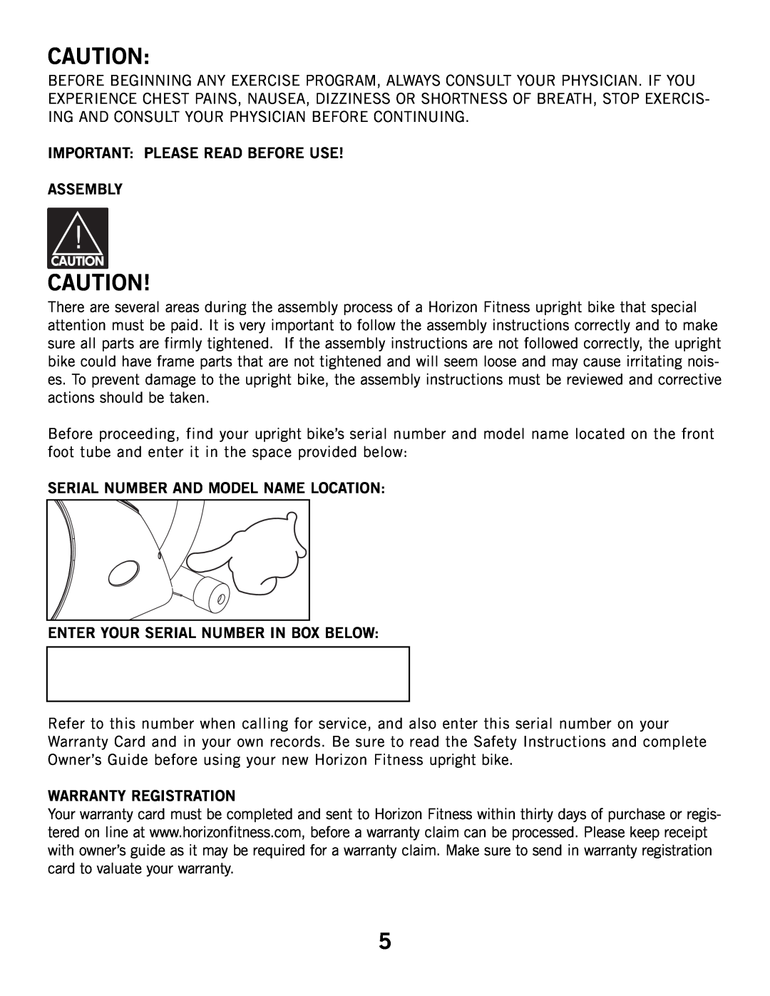 Horizon Fitness 2.1B, 3.1B manual Important Please Read Before Use Assembly, Serial Number And Model Name Location 