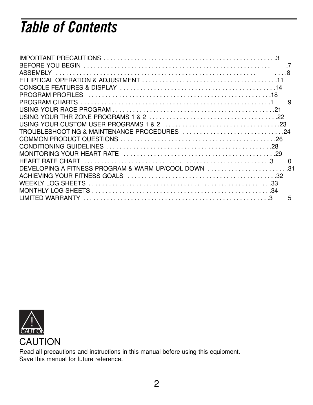 Horizon Fitness 3.1E manual Table of Contents 