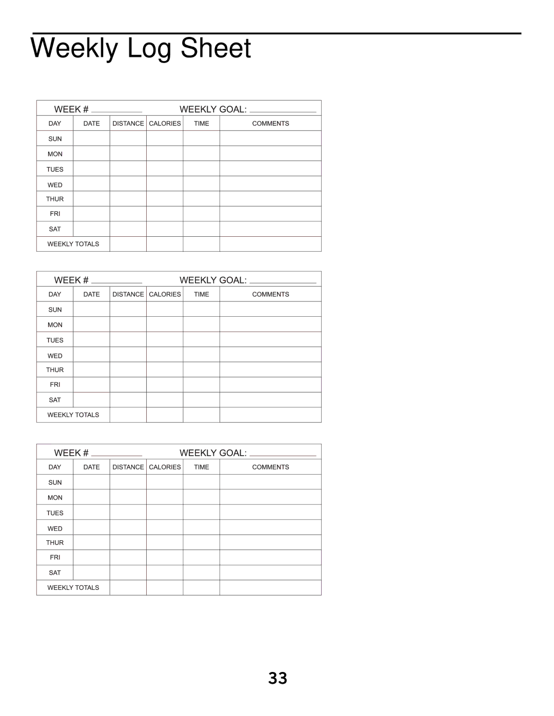 Horizon Fitness 3.1E manual Weekly Log Sheet 