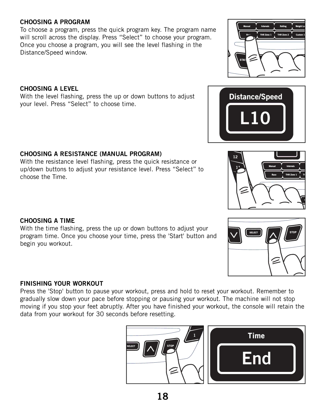 Horizon Fitness 3.1R, 2.1R Choosing a Program, Choosing a Level, Choosing a Resistance Manual Program, Choosing a Time 