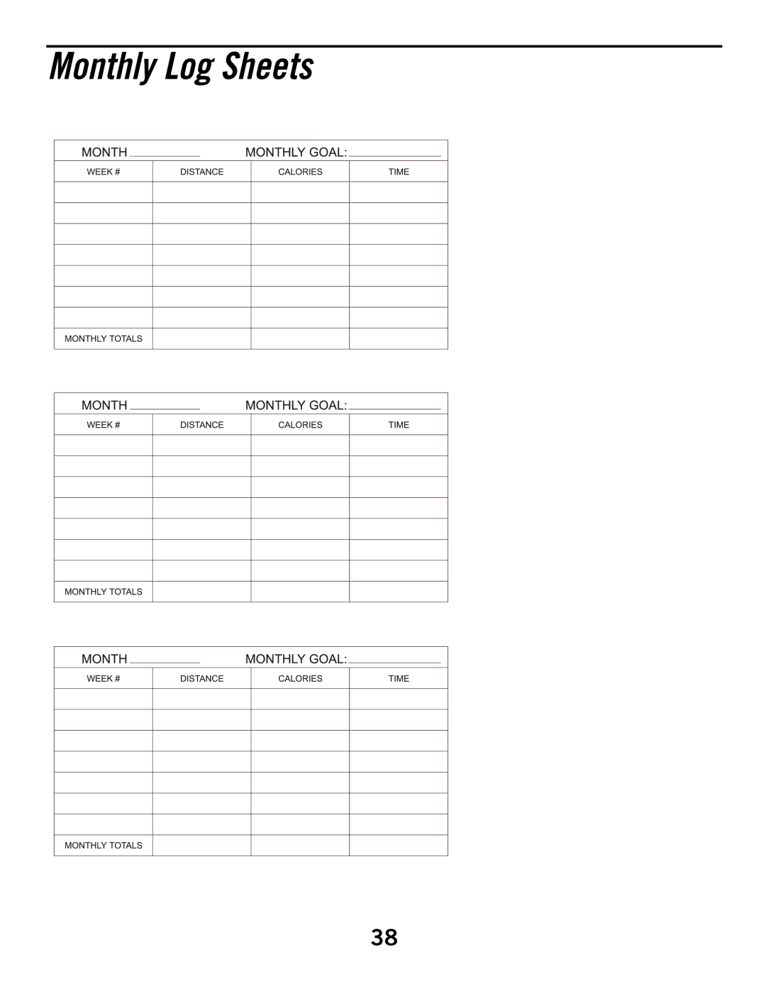 Horizon Fitness 3.1R, 2.1R manual Monthly Log Sheets 