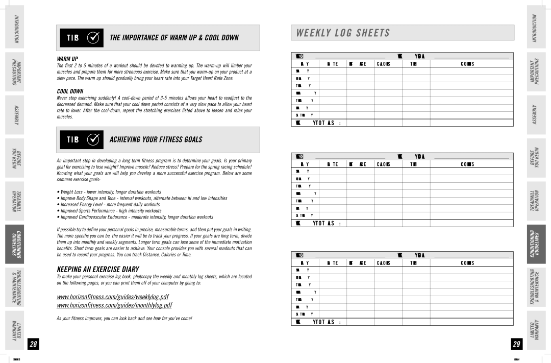 Horizon Fitness 3.3T, 5.3T Weekly LOG Sheets, P S the Importance of Warm UP & Cool Down, P S Achieving Your Fitness Goals 