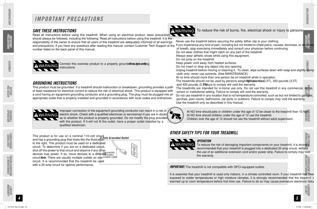 Horizon Fitness 3.3T, 5.3T, 2.3T manual Important Precautions, Grounding Instructions, Operation 