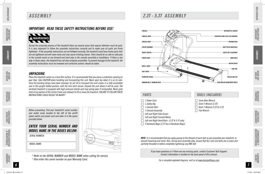 Horizon Fitness 5.3T, 3.3T, 2.3T manual S E M B Ly, Unpacking, Parts, Tools Included 