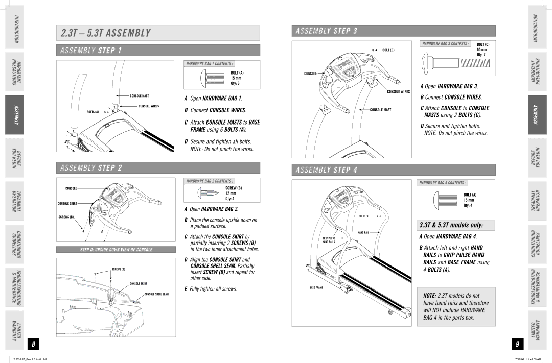 Horizon Fitness 2.3T, 3.3T, 5.3T manual Open Hardware BAG 