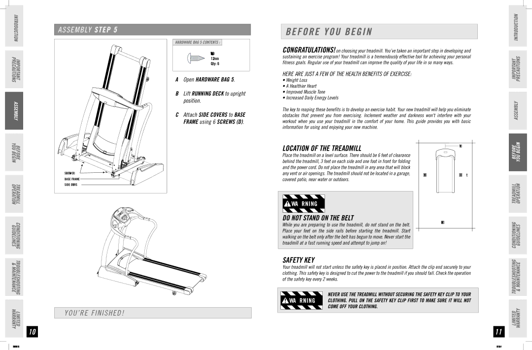 Horizon Fitness 3.3T, 5.3T, 2.3T manual Before YOU Begin, Location of the Treadmill, YOU’RE Finished, Safety KEY 