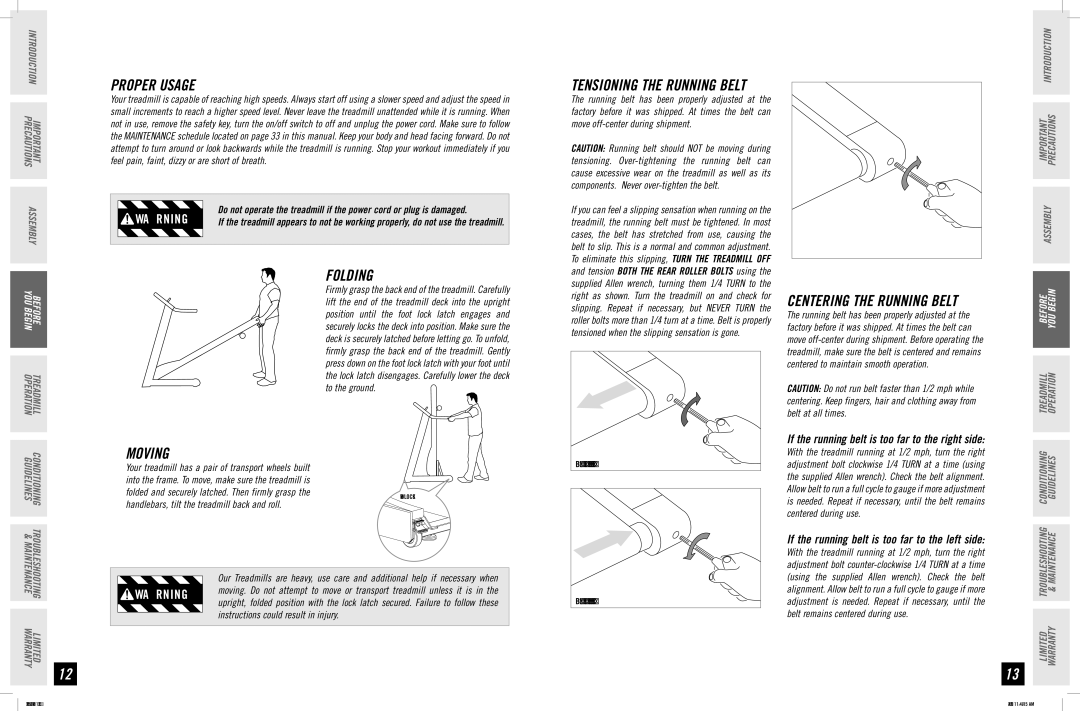 Horizon Fitness 5.3T, 3.3T, 2.3T Proper Usage, TENSIONING­THE Running Belt, Moving, Folding, Centering the Running Belt 