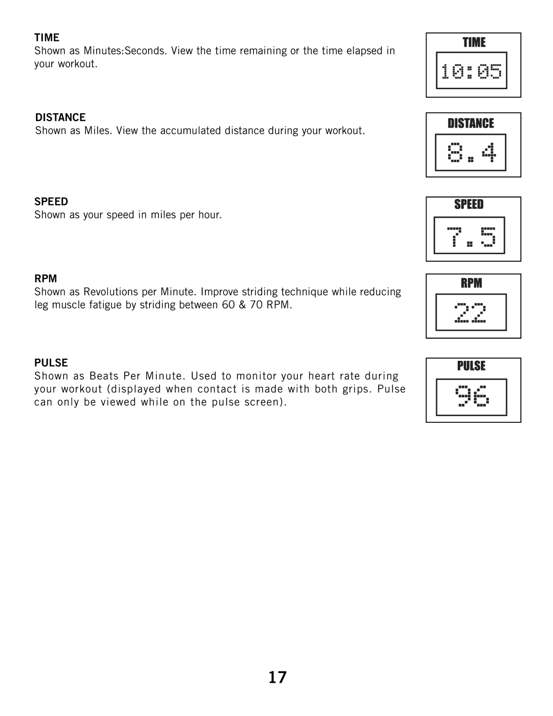 Horizon Fitness 2.1E, 4.1E manual Time, Distance, Speed, Rpm, Pulse 