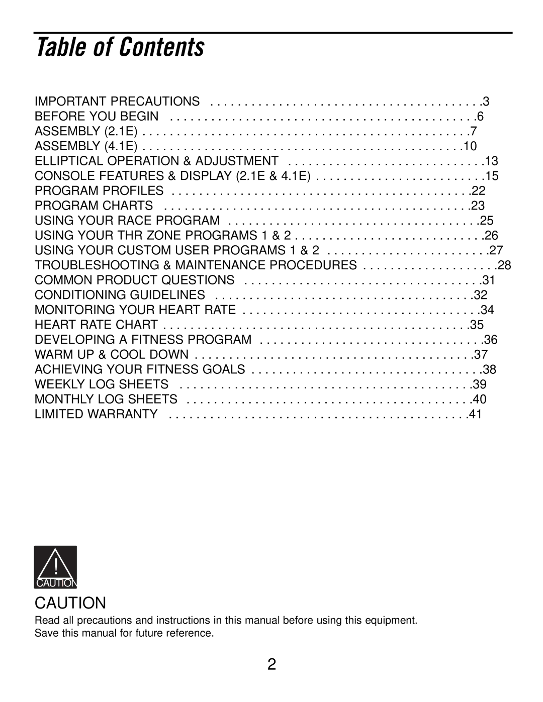 Horizon Fitness 4.1E, 2.1E manual Table of Contents 