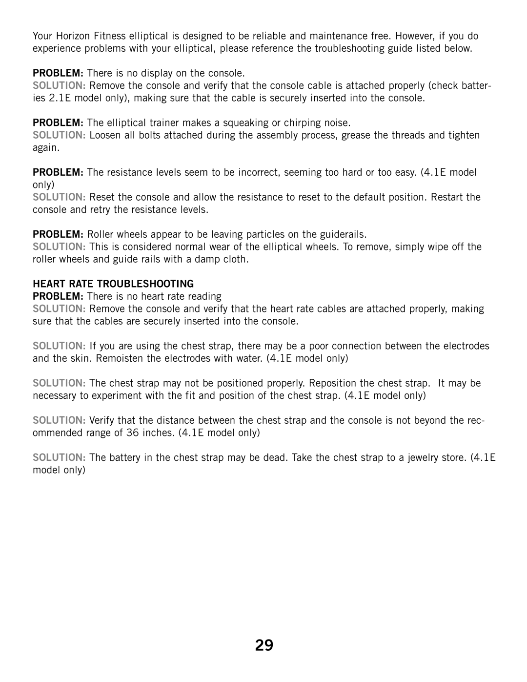 Horizon Fitness 2.1E, 4.1E manual Heart Rate Troubleshooting 