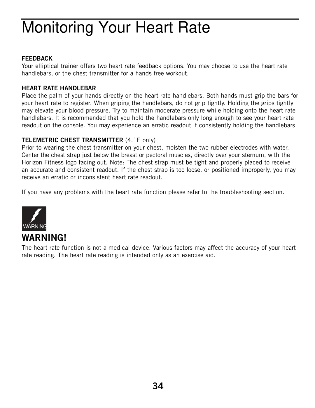 Horizon Fitness 4.1E, 2.1E manual Monitoring Your Heart Rate, Feedback, Heart Rate Handlebar 