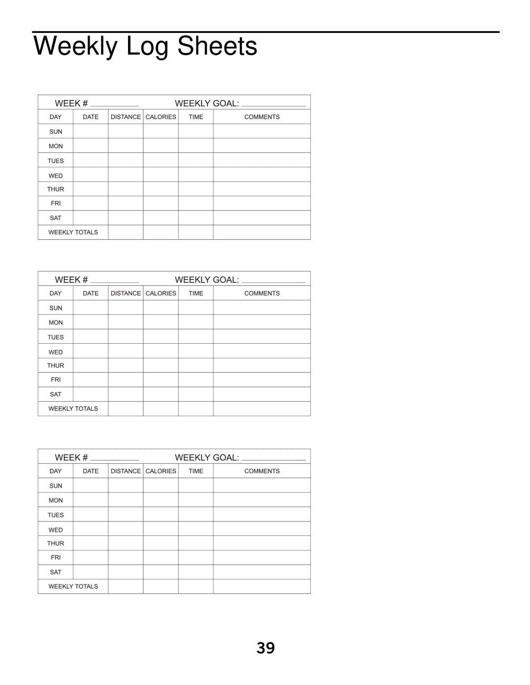 Horizon Fitness 2.1E, 4.1E manual Weekly Log Sheets 