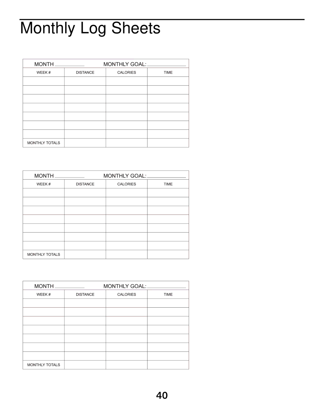 Horizon Fitness 4.1E, 2.1E manual Monthly Log Sheets 