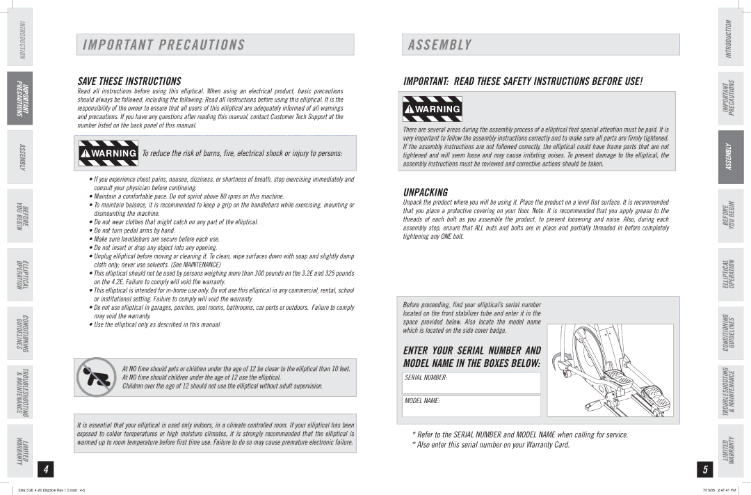 Horizon Fitness 3.2E Important Precautions, Assembly, Unpacking, Enter Your Serial Number Model Name in the Boxes below 