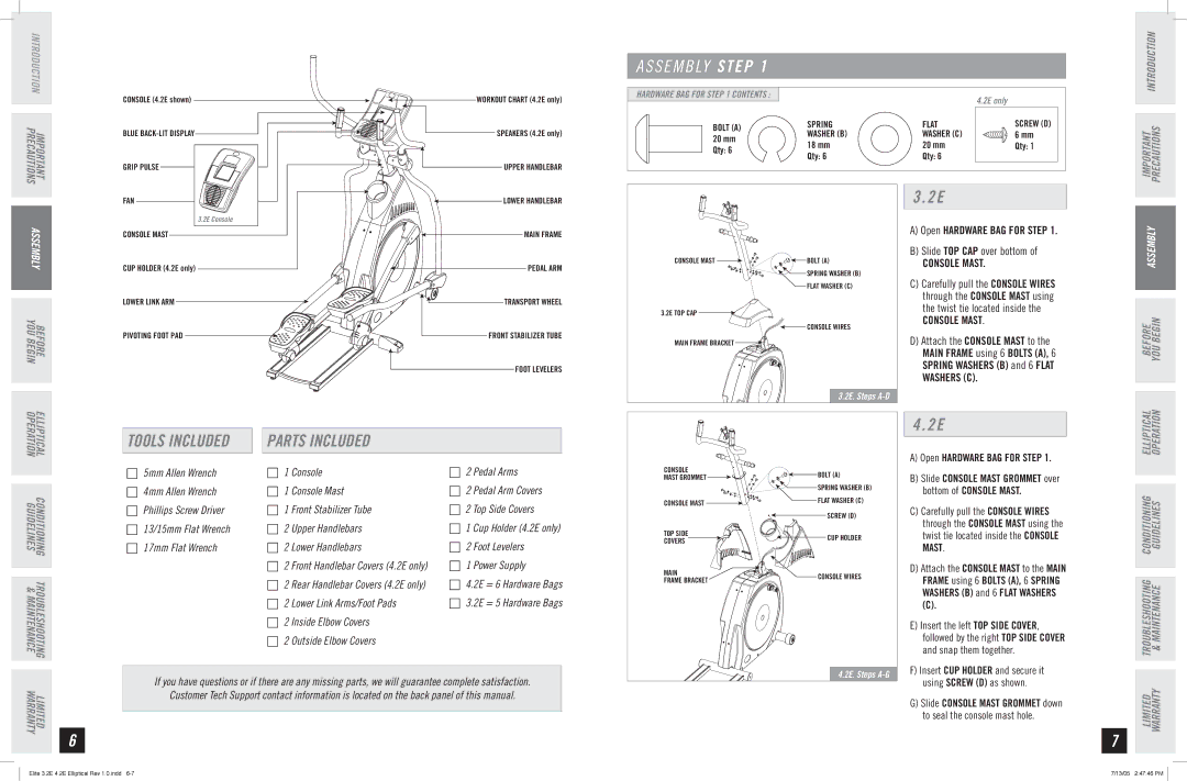 Horizon Fitness 4.2E, 3.2E manual S E M B LY Step, Console Mast 